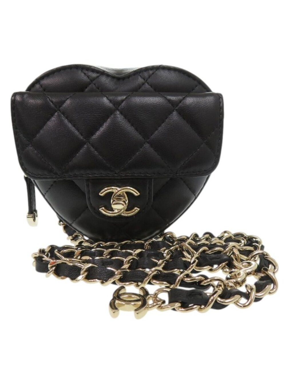Chanel Chain Shoulder CC Logo Quilted Mini Heart Lambskin Black Bag